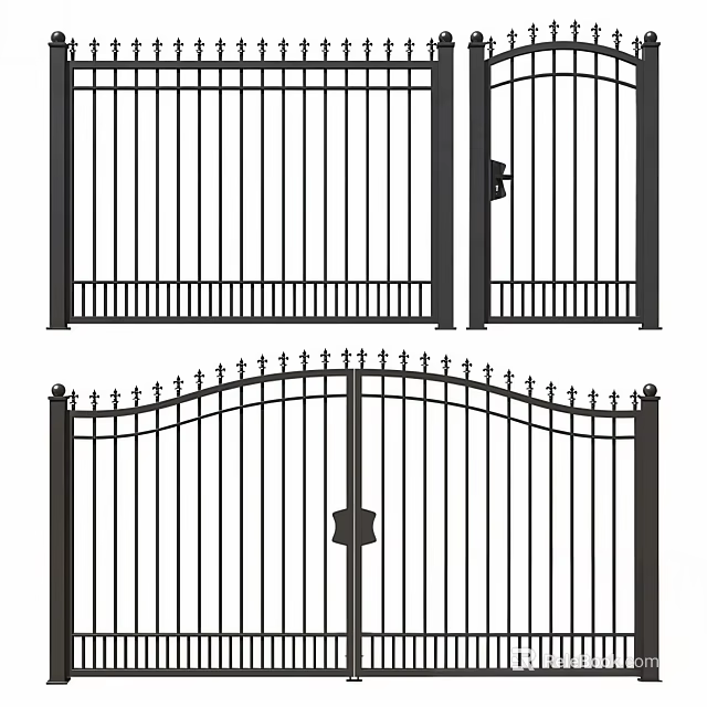Wrought Iron Driveway Gates With Vertical Bars And Spiked Top Design 3d model 