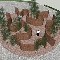 Garden Feature With Winding Red Brick Low Walls And Surrounding Slender Trees On Gravel Ground
