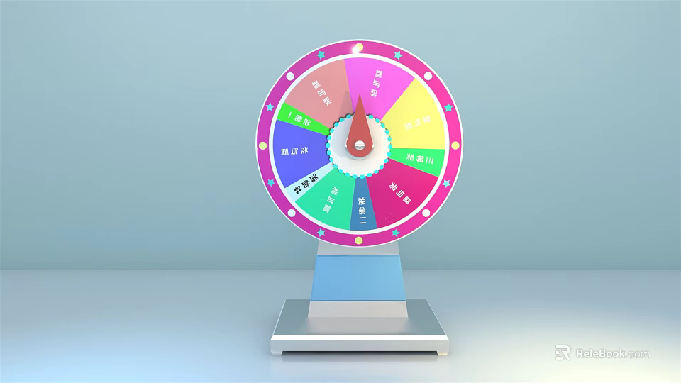 Interactive Colorful Spinning Wheel With Multiple Sections And Red Pointer On Blue Base 3d model