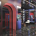 Modern Internet Cafe Interior With Stylish Bar Counter Beverage Display And Multiple Screens 3d model