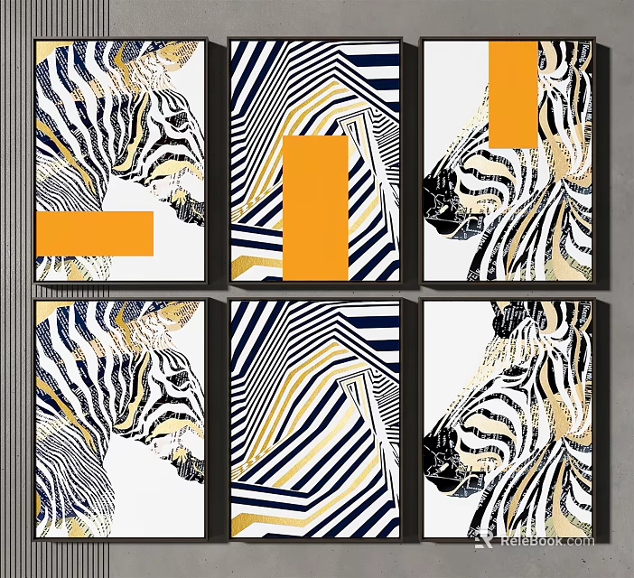Modern Zebra Striped Wall Paintings Featuring Orange Blocks In Black Frames 3d model 