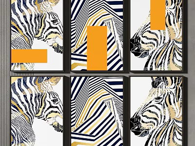 Modern Zebra Striped Wall Paintings Featuring Orange Blocks In Black Frames 3d model