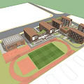 Modern Multi level School Building With Orange Brick Exterior Large Windows Terraces And Playground Running Track