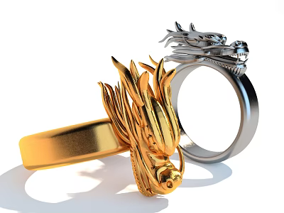 Intricate Gold Phoenix And Silver Dragon Ring Sculptures With Detailed Carvings 3d model
