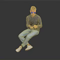 Man Sitting Using Smartphone Wearing Gray Sweater Light Blue Jeans White Shoes Against Gray Background