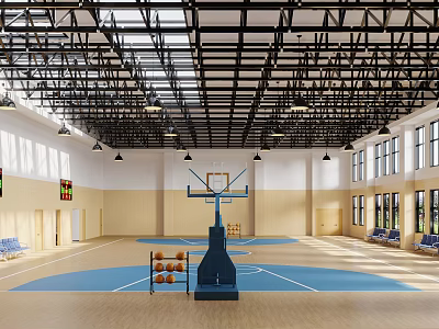 Bright Basketball Gymnasium Featuring Black Steel Roof Blue Court Wooden Flooring And Orange Ball Rack 3d model