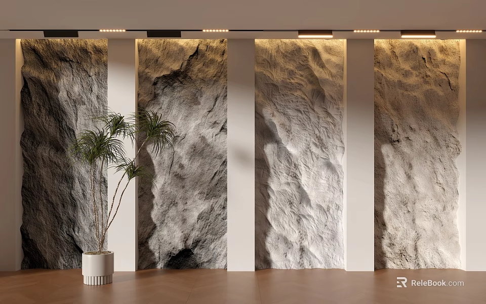 Stone Textured Background Wall with White Pillars Ceiling Light Strips and Palm Plant Wooden Floor 3d model 