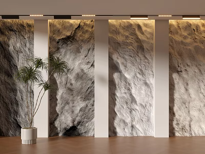 Stone Textured Background Wall with White Pillars Ceiling Light Strips and Palm Plant Wooden Floor 3d model
