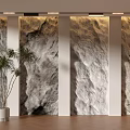 Stone Textured Background Wall with White Pillars Ceiling Light Strips and Palm Plant Wooden Floor