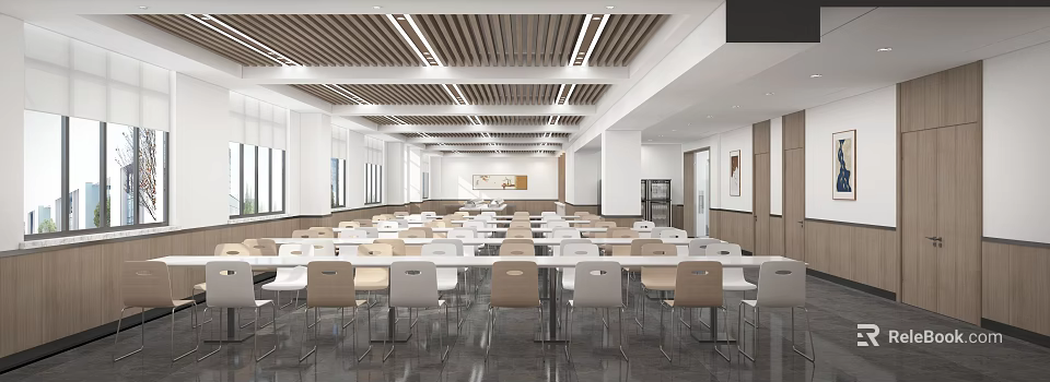 Modern Spacious Dining Hall With Wooden Ceiling Lighting And Tables Chairs 3d model