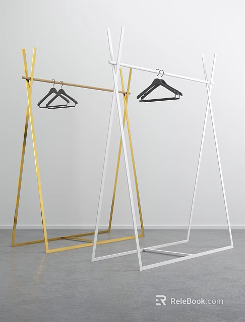 Stylish Modern Freestanding Metal Clothes Racks With Gold And White Frames And Black Hangers 3d model 