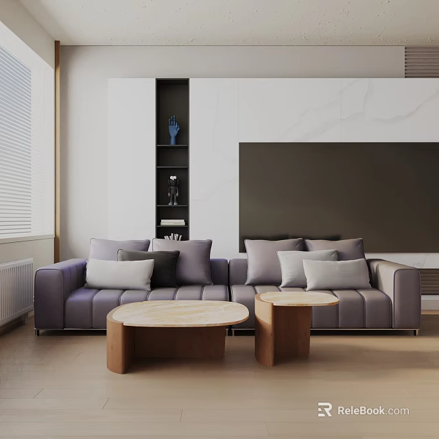 Purple Three Seater Sofa with Multiple Pillows in Modern Living Room and Wooden Coffee Tables 3d model 