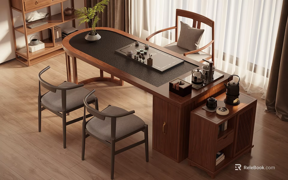 Traditional Wooden Tea Table and Chairs with Tea Set Tray and Gray Cushions 3d model 
