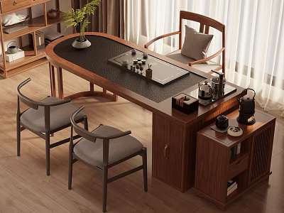 Traditional Wooden Tea Table and Chairs with Tea Set Tray and Gray Cushions 3d model