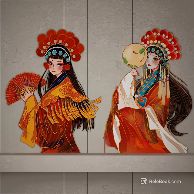Traditional Peking Opera Two Figures Wall Decor With Intricate Headpieces Holding Fans And Round Objects 3d model 