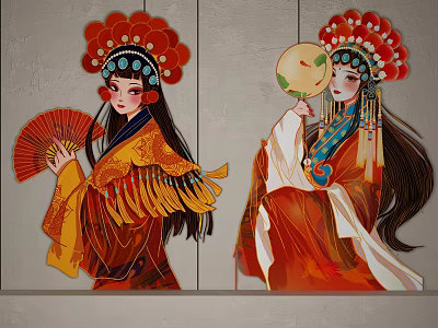 Traditional Peking Opera Two Figures Wall Decor With Intricate Headpieces Holding Fans And Round Objects 3d model