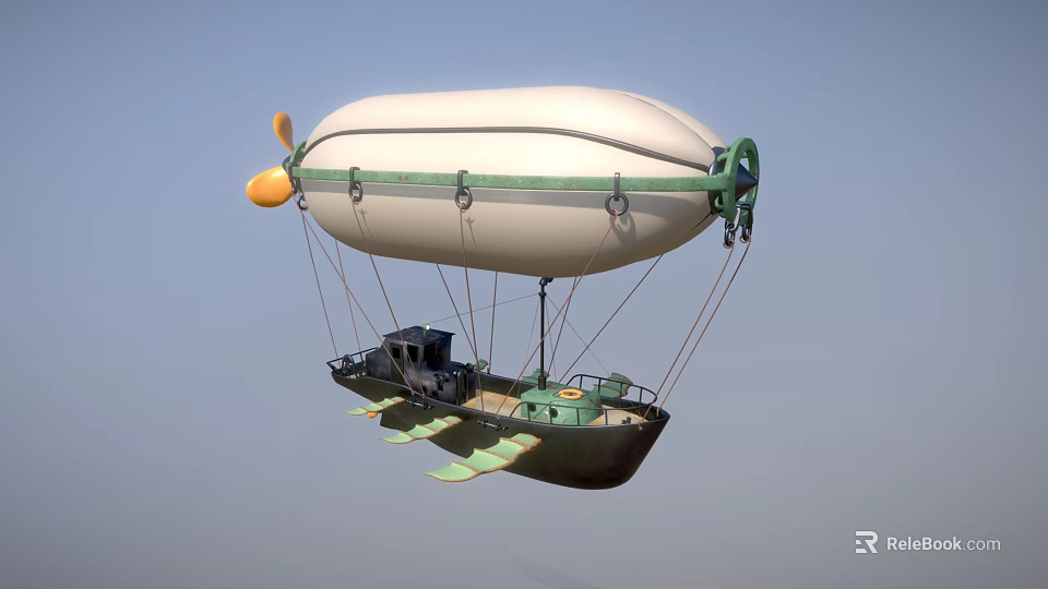 White Airship With Green Accents And Gondola Flying In Blue Sky 3d model 