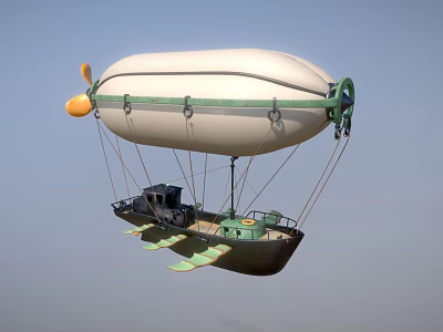 White Airship With Green Accents And Gondola Flying In Blue Sky 3d model