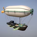 White Airship With Green Accents And Gondola Flying In Blue Sky