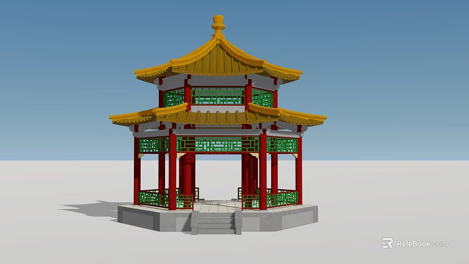 Traditional Ancient Chinese Pavilion With Yellow Roof Red Pillars And Green Lattice Windows 3d model 