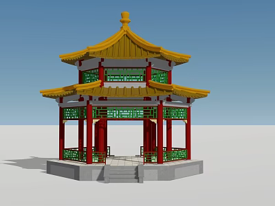 Traditional Ancient Chinese Pavilion With Yellow Roof Red Pillars And Green Lattice Windows 3d model