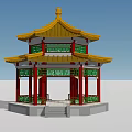 Traditional Ancient Chinese Pavilion With Yellow Roof Red Pillars And Green Lattice Windows