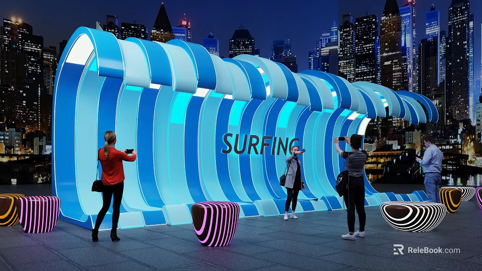 Surfing Themed Illuminated Wave Structure With People Taking Photos In Urban Night View 3d model 