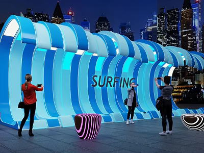Surfing Themed Illuminated Wave Structure With People Taking Photos In Urban Night View 3d model