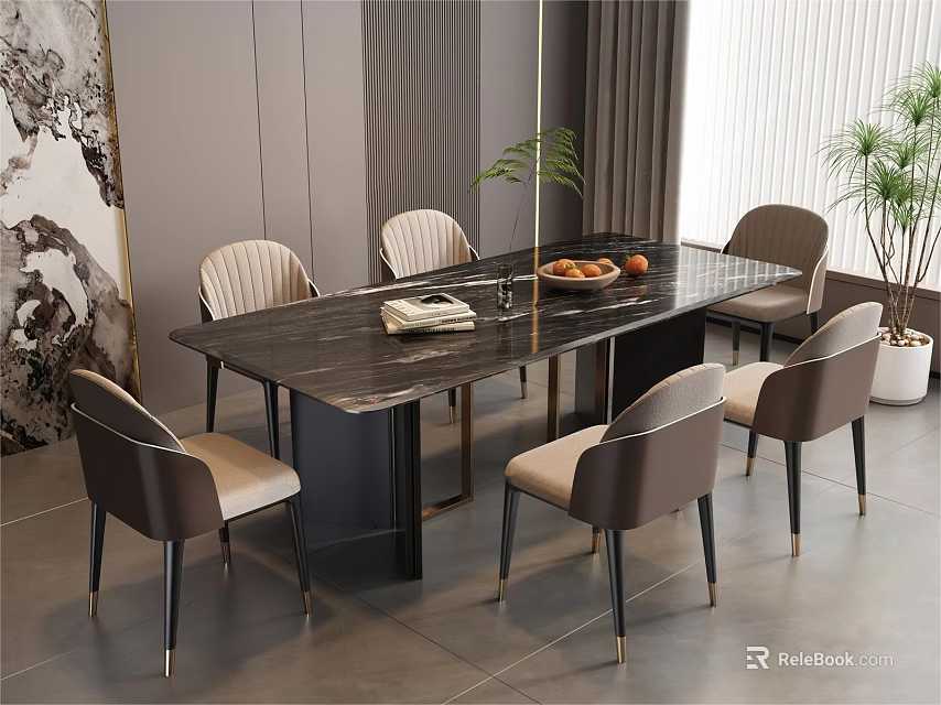Luxury Modern Dining Table Set With Marble Top Beige Chairs And Fruit Bowl Green Plant 3d model 