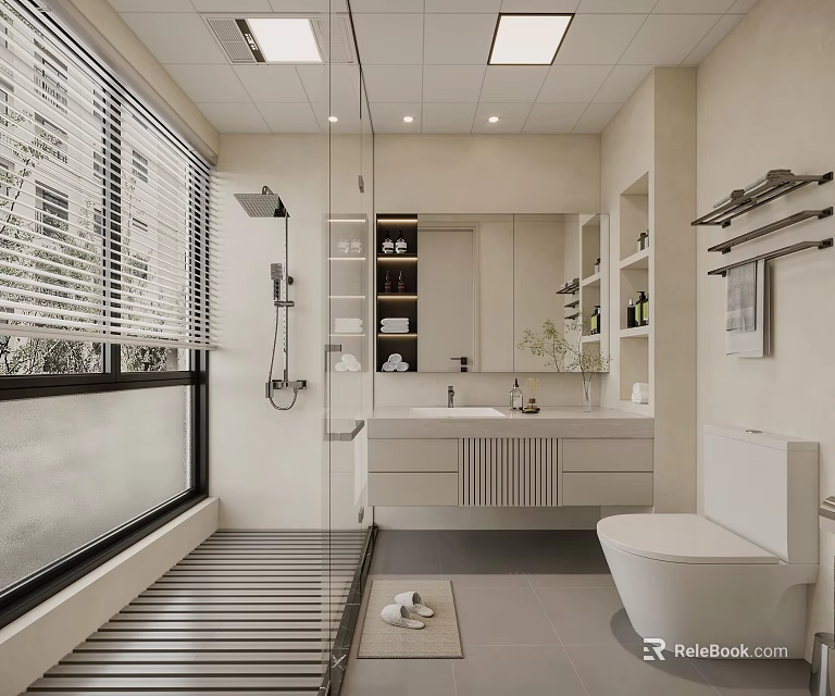 Modern Bathroom Interior Design With Large Window Blinds Shower Vanity And Storage Cabinets 3d model 