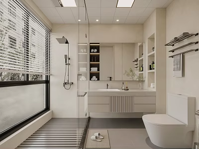 Modern Bathroom Interior Design With Large Window Blinds Shower Vanity And Storage Cabinets 3d model