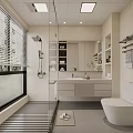 Modern Bathroom Interior Design With Large Window Blinds Shower Vanity And Storage Cabinets