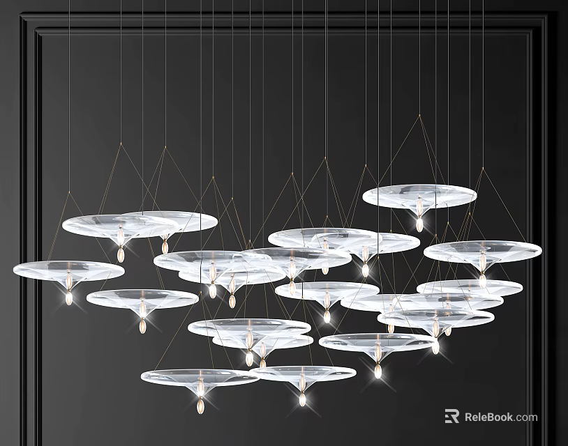 Modern Transparent Disc Shaped Multiple Hanging Chandelier with Gold Chains Interior Lighting Design 3d model
