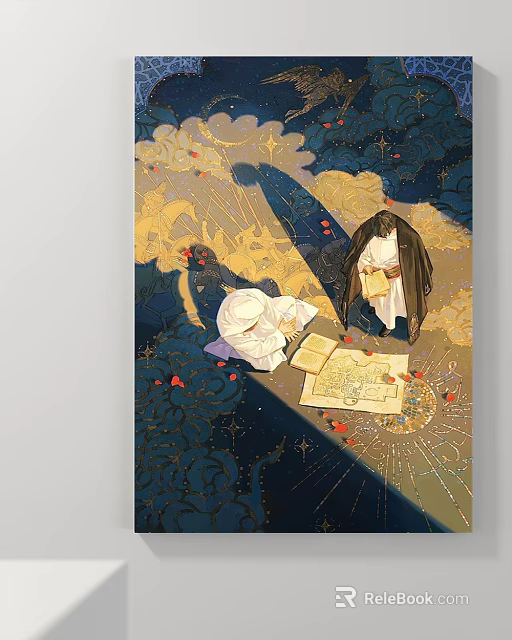 Abstract Painting Depicting Robed Figures With Golden Blue Ornamentation And Scroll Details 3d model 