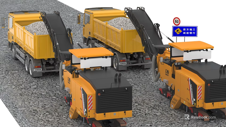 Construction Site With Yellow Dump Trucks Construction Equipment Gravel And Safety Sign 3d model 