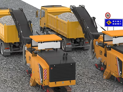 Construction Site With Yellow Dump Trucks Construction Equipment Gravel And Safety Sign 3d model