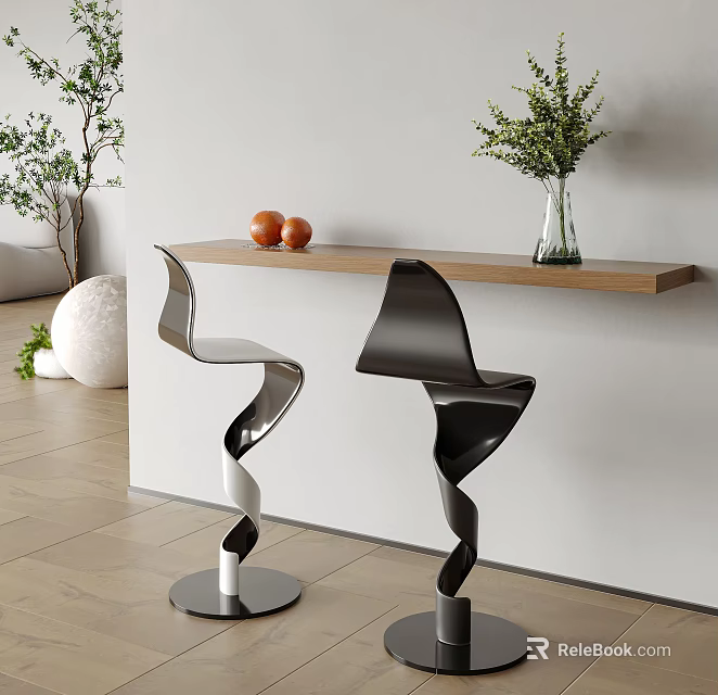 Modern Bar Counter With Wooden Top Spiral Black White Stools And Green Plants 3d model 