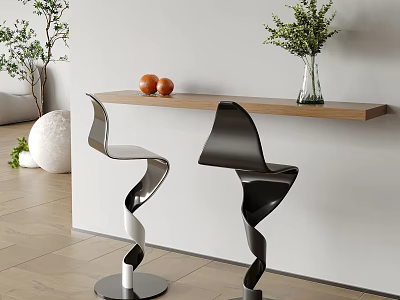 Modern Bar Counter With Wooden Top Spiral Black White Stools And Green Plants 3d model