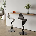 Modern Bar Counter With Wooden Top Spiral Black White Stools And Green Plants