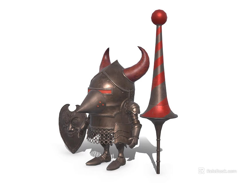 Game Fantasy Character Cartoon Style Armored With Horned Helmet Shield And Red White Striped Spire 3d model 