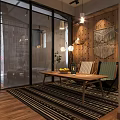 Public Office Space With Wooden Wall Hanging Lights Long Table Green Plants And Decorative Rug