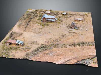 Cartoon Scenic Model Featuring Rural Farm Houses Windmill And Fenced Sandy Terrain 3d model