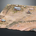 Cartoon Scenic Model Featuring Rural Farm Houses Windmill And Fenced Sandy Terrain