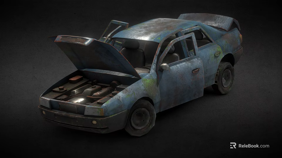 Old Rusty Car With Open Hood And Doors Showing Worn Engine And Weathered Exterior 3d model 