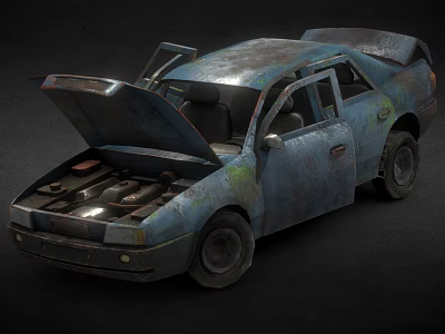 Old Rusty Car With Open Hood And Doors Showing Worn Engine And Weathered Exterior 3d model