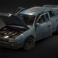 Old Rusty Car With Open Hood And Doors Showing Worn Engine And Weathered Exterior