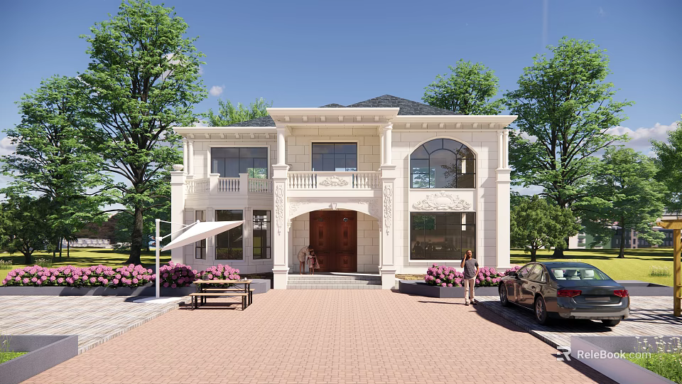 Two Story Detached Villa With White Exterior Front Porch Green Trees And Brick Driveway 3d model 