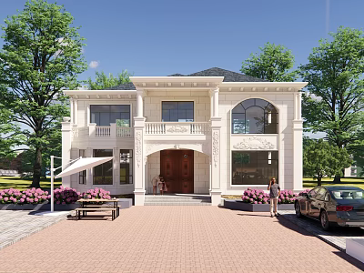 Two Story Detached Villa With White Exterior Front Porch Green Trees And Brick Driveway 3d model