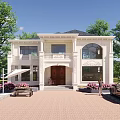 Two Story Detached Villa With White Exterior Front Porch Green Trees And Brick Driveway