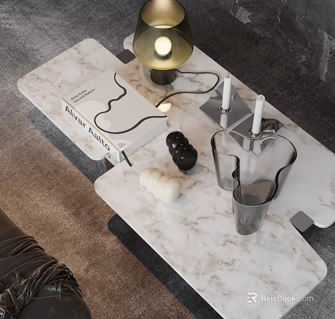 Marble Coffee Table With Philip Johnson Book Gold Lamp Candles And Decorative Vase 3d model 